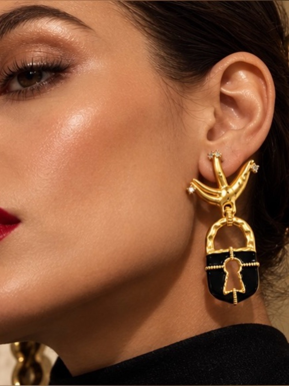 Surrealist Gilded Lock Earrings Black Enamel Sculptural Art Jewelry